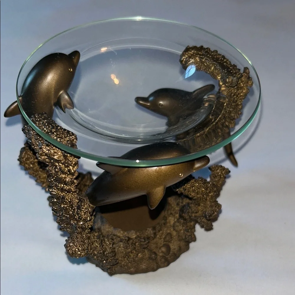 PartyLite Bronze 3 Dolphin Oil Wax Melt Scent Aroma Candle Holder (RETIRED)